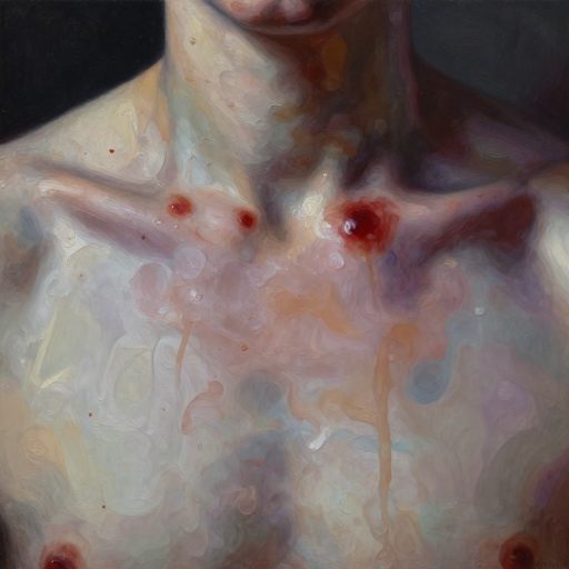 A close-up of pale, translucent skin with deep, inflamed blemishes breaking through the surface, symbolizing repressed emotional impurities.