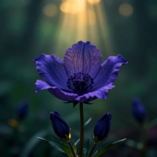 A solitary Aconitum napellus flower glows with toxic beauty against a dark, misty background.
