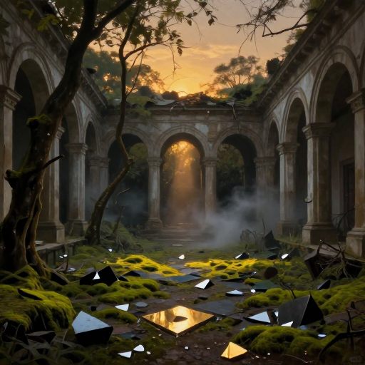 Liminal threshold of an overgrown courtyard at sunset.