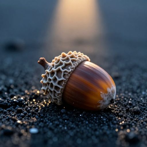 A macro view of a small, perfect acorn encrusted with delicate, calcified formations suggesting a barnacle, symbolizing burdened potential.
