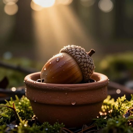 A single acorn nestled within a weathered ceramic cup, symbolizing nascent potential.