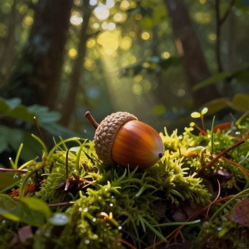 A solitary acorn resting on rich moss, symbolizing nascent potential.