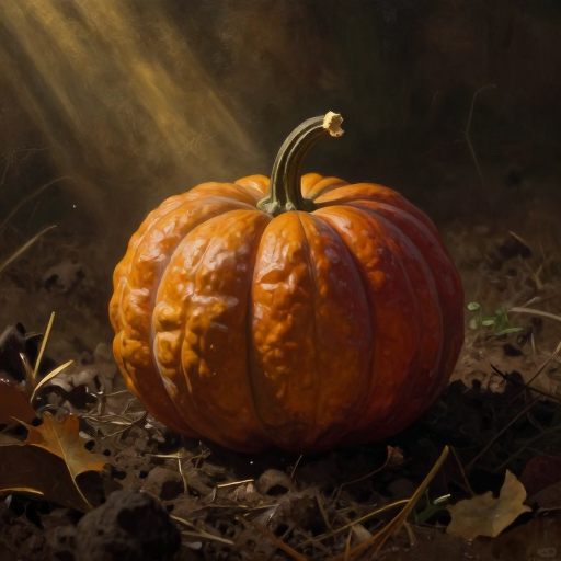 Symbolic acorn squash radiating quiet potential in deep autumnal earth.