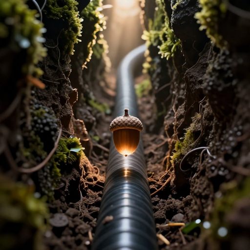 A glowing acorn enters a winding, moss-lined passage.