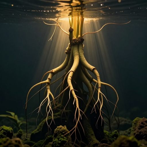 Submerged roots of Acorus Calamus reaching into foundational darkness.
