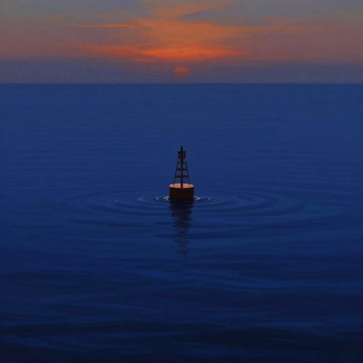 A solitary acoustic buoy floating on still, deep ocean water under a vast, twilight sky.