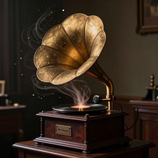 A vintage gramophone surrounded by swirling memories.