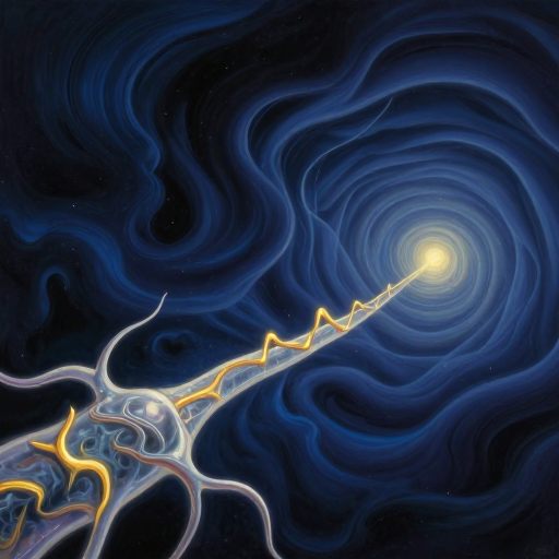 A fragile, luminous thread representing the acoustic nerve transmits a clear, critical sound through a dark, watery void.