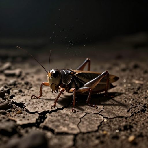 A macro view of a cricket in a vast, echoing darkness.
