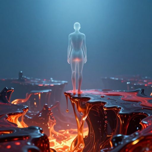 A figure suspended in a fragile state of numbness amidst intense pressure.