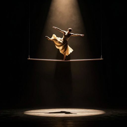 A lone figure balancing on a narrow, suspended beam, symbolizing high-stakes equilibrium.