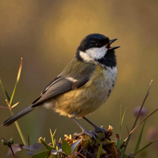 A delicate, focused rendering of a small songbird in mid-song against a muted, expansive background.