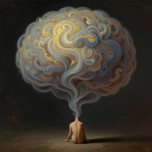 A figure overwhelmed by a disproportionately large head, symbolizing excessive intellectual pressure.