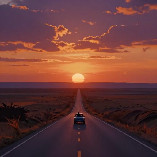A solitary figure drives through a vast, stylized landscape at sunset, symbolizing a monumental life transition.
