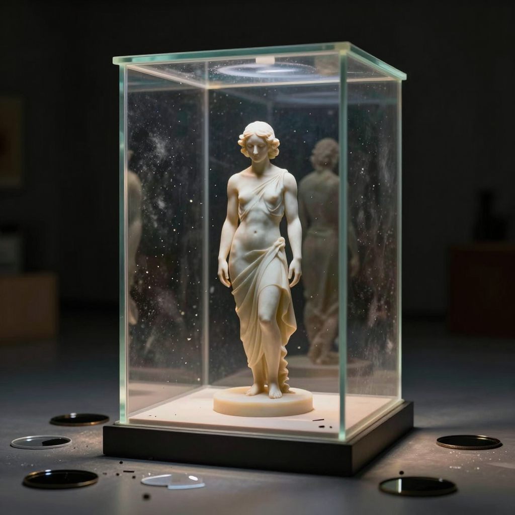 A figure preserved under glass, symbolizing the curation of reality.