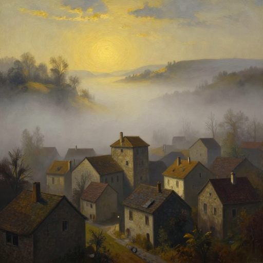 A miniature, warmly lit village nestled within a misty valley, symbolizing a contained psychological space.