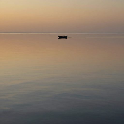 Stillness and inertia represented by a solitary vessel adrift on a perfectly mirrored, unchanging surface.