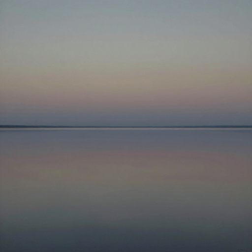 A vast, still body of water reflecting a muted, unchanging sky, symbolizing psychological stagnation.