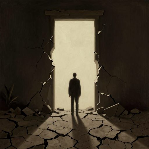 A solitary figure stands at the edge of a luminous, crumbling threshold, burdened by the weight of origins.