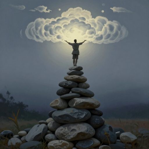 A solitary figure suspended between a cairn of heavy stones and a luminous cloud, symbolizing the transition between carrying burdens and being supported.