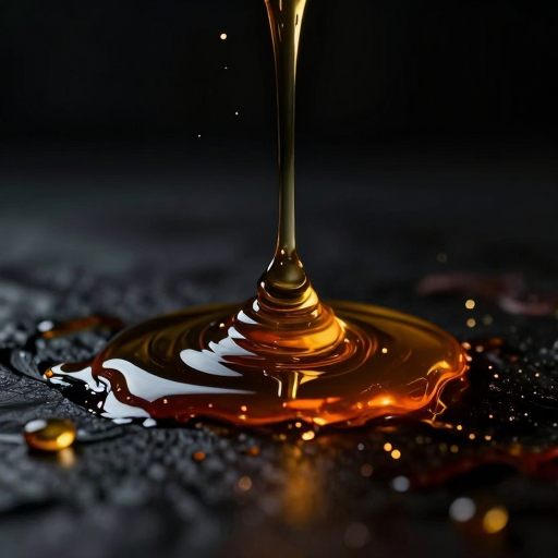 A luminous pool of amber oil manifesting absolute clarity against deep shadow.
