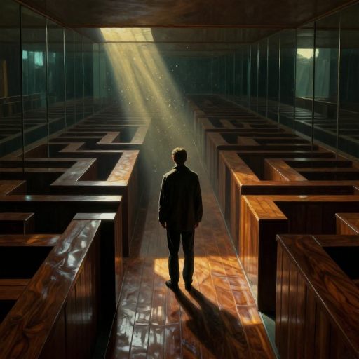 Figure contemplating an inescapable labyrinth of mirrors.