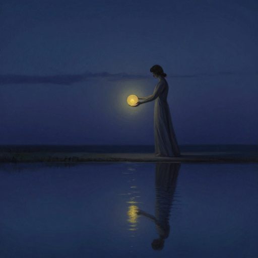 A solitary figure holds a luminous, fragile orb suspended between them and a distant, darker pool, symbolizing the transient acceptance of an external resource.
