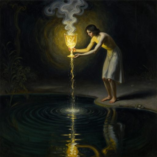 A solitary figure offers a luminous chalice into a vast, shadowed pool, symbolizing energetic depletion.