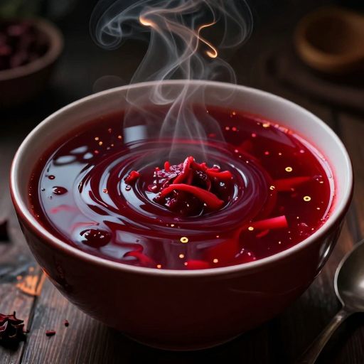 A rich, deep bowl of borscht, symbolizing complex emotional roots.