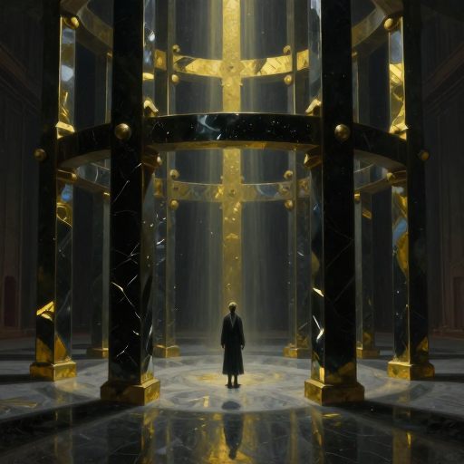 A solitary figure weighed down by an intricate, inescapable geometric structure.