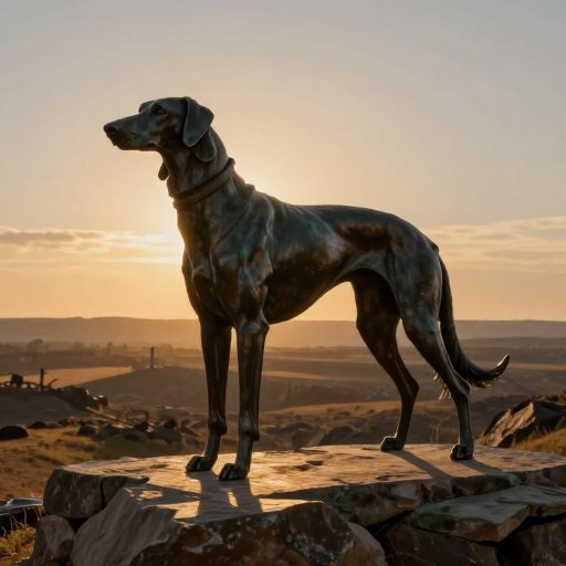 A noble Borzoi statue in a vast, contemplative setting.