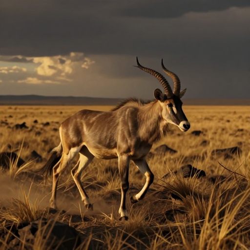 A solitary boschbok poised in a dramatic, golden-hour savanna.