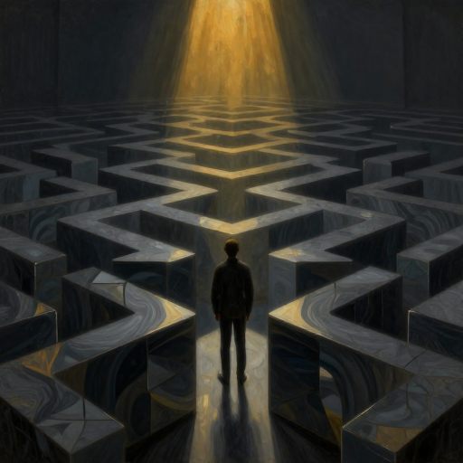 A solitary figure navigating a labyrinthine structure made of polished, repetitive objects, symbolizing inescapable routine and mental clutter.