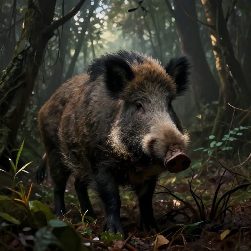 A solitary wild boar emerges from deep shadow in a misty forest clearing.