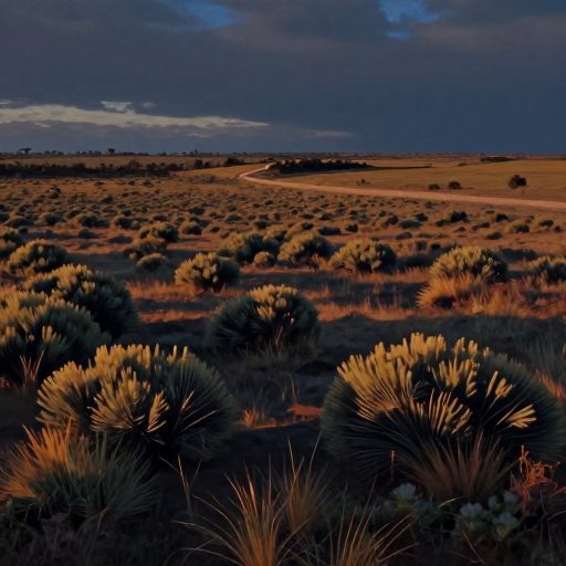 A vast, golden scrubland at twilight, symbolizing a threshold of endurance.