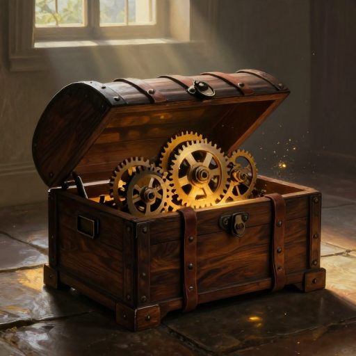 A luminous, complex mechanism within an opened wooden chest, symbolizing inescapable routine.