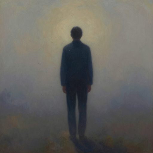 A solitary figure embodies low-grade psychological pressure in a liminal space.