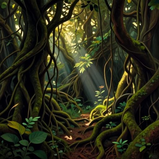 Navigating a dense, overgrown thicket symbolizing psychological passage.