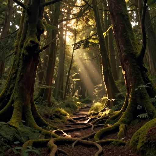 A solitary figure walks into a dense, luminous forest.