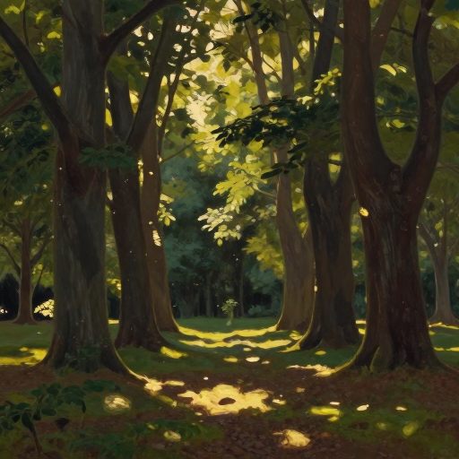 A quiet, filtered grove symbolizing transition.