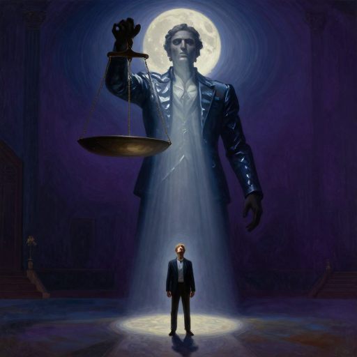 A solitary figure confronts a monumental, allegorical presence representing internal pressure.