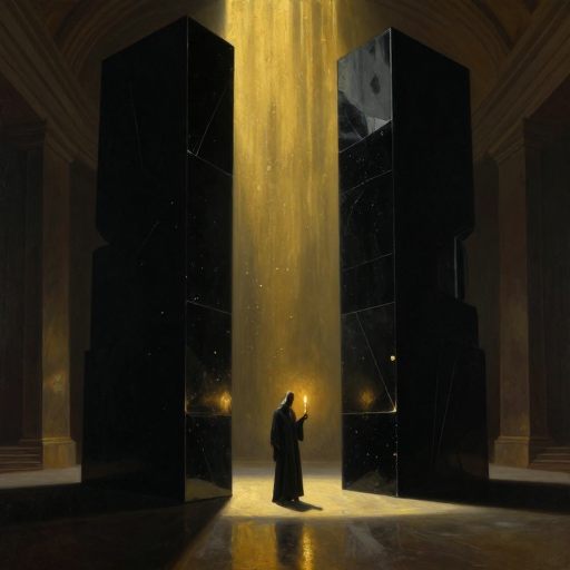A solitary figure confronts a monumental, shadowy presence, symbolizing internalized pressure and demanding standards.