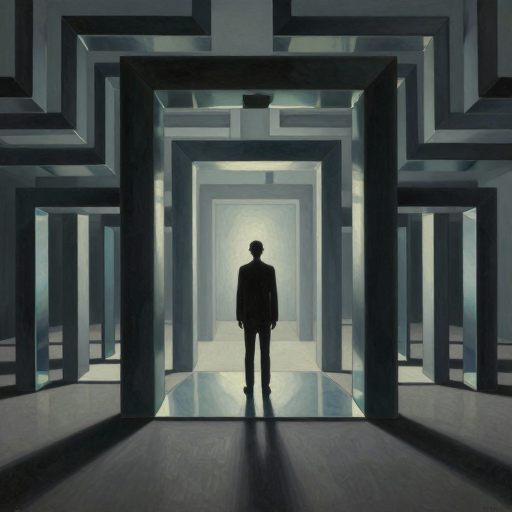 A solitary figure striving against geometric perfection.
