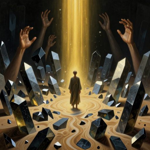 A solitary figure standing amidst shifting, crystalline structures, attempting to impose order on chaos.