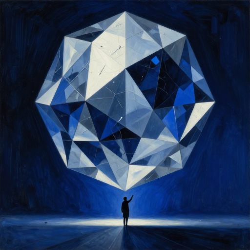 A solitary figure overwhelmed by a colossal, crystalline structure representing internalized pressure.