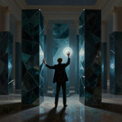 A solitary figure constrained by geometric shadows, symbolizing internal pressure.