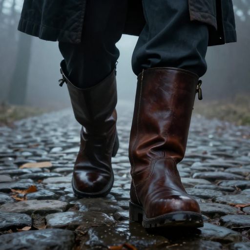 A pair of imposing leather boots marching across a misty path.