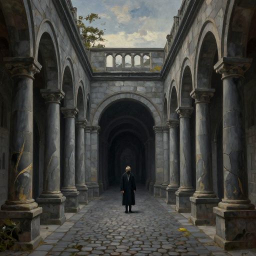 A solitary figure walks through a deluge of neo-classical architecture, symbolizing the weight of tradition and intellectual roots.