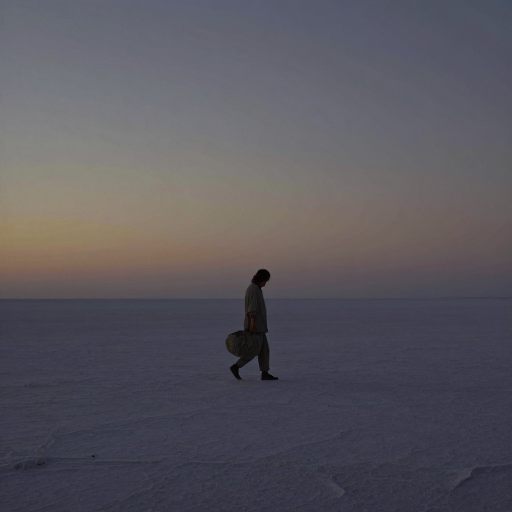 A solitary figure walking through an endless, misty field at dawn, burdened by the quiet weight of routine.