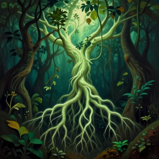 A luminous, hyper-detailed visualization of thriving roots intertwined with flourishing life.